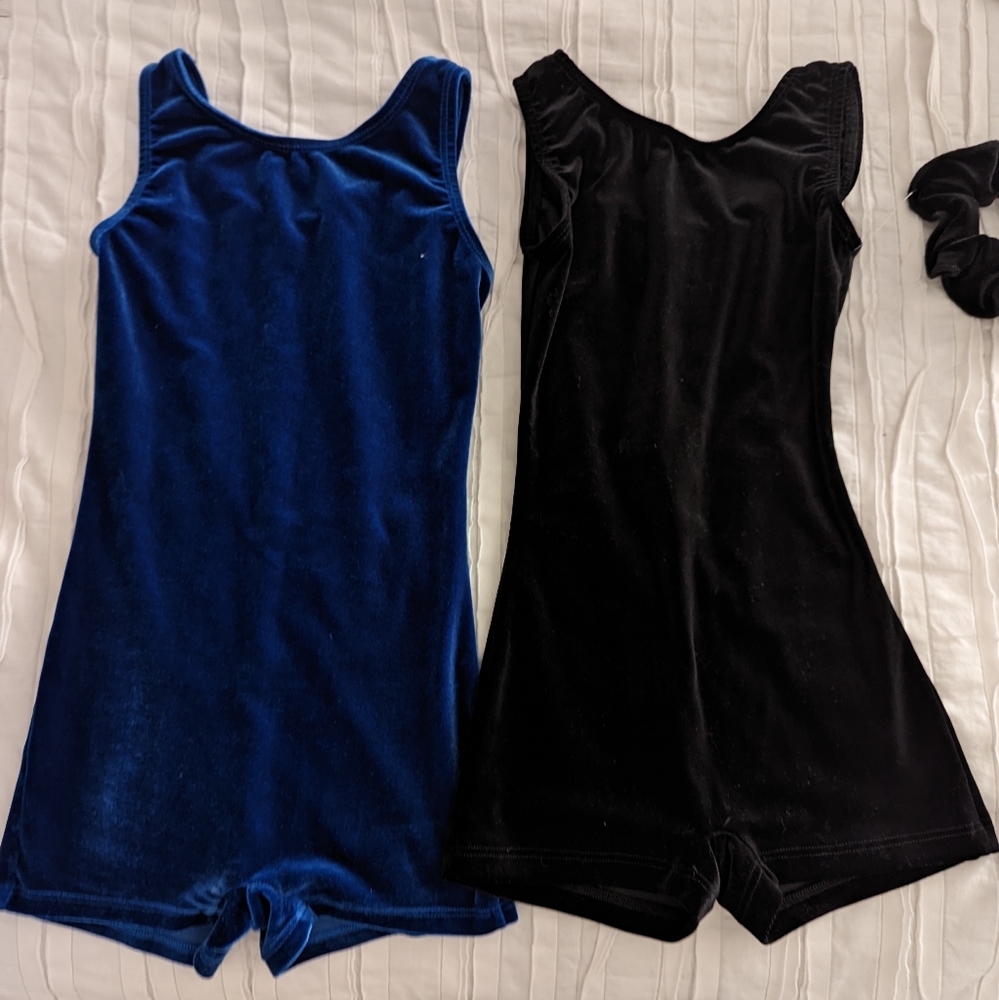 Royal blue and black velvet leotards / biketards